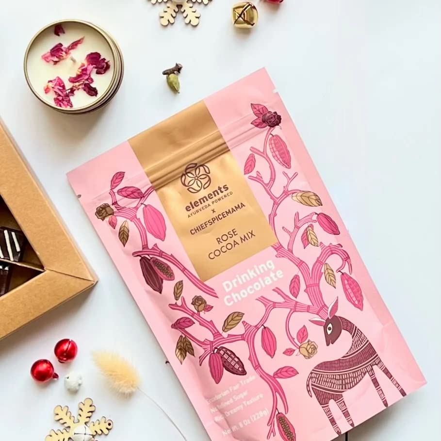 Elements Truffles Rose Essential Oil Hot Chocolate - Heavy Metal Tested- All-Natural, Handmade Hot Chocolate Mix - Uses Ecuadorian, Fair Trade, Organic Cacao Powder - Vegan Hot Cocoa Mix - 8 Oz