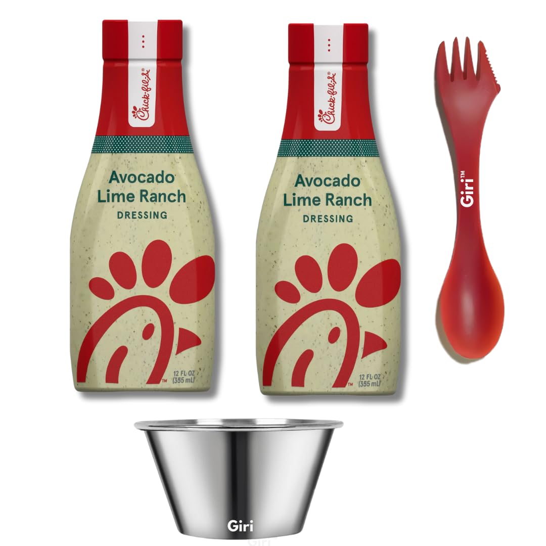 Chick-fil-A Avocado Lime Ranch Salad Dressing  12 oz (2-pack) Bundle with Giri Plastic Spork and Stainless Steel Condiment Cup (3 Items)