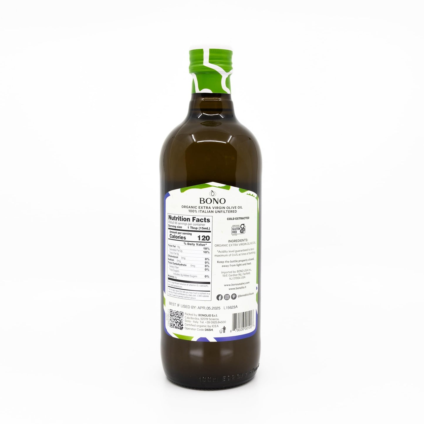 Bono Organic Unfiltered Italian Extra Virgin Olive Oil 33.8 fl oz | 100% Italian  Cold Extracted  First Cold Pressed  USDA Certified Organic EVOO