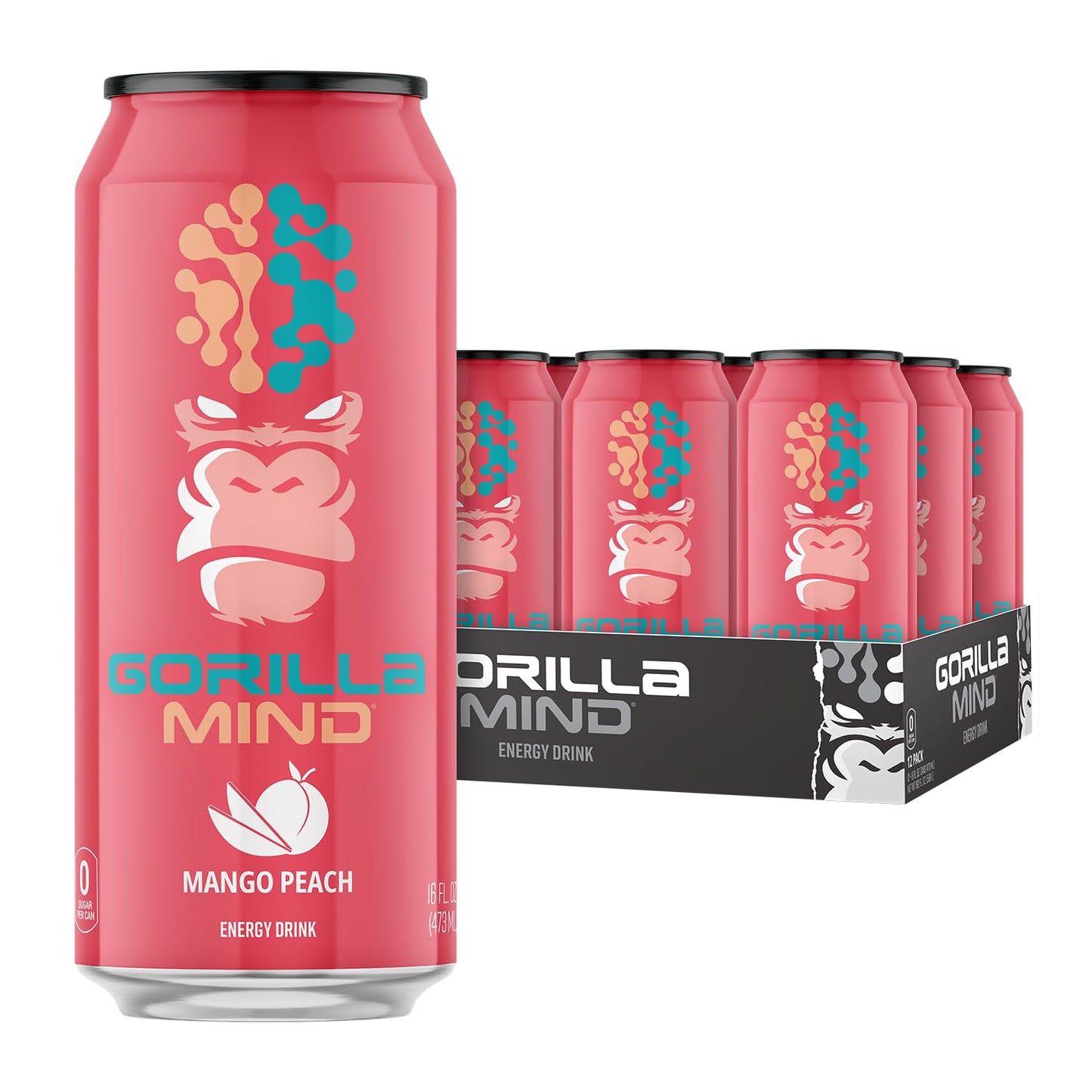 Gorilla Mind Energy Drink | Unmatched Energy  Amplified Focus | N-Acetyl-L-Tyrosine  Alpha-GPC  200mg Caffeine  Uridine  Saffron | 0 Sugar Or Artificial Colors | 16oz  12-Pack (Mango Peach)