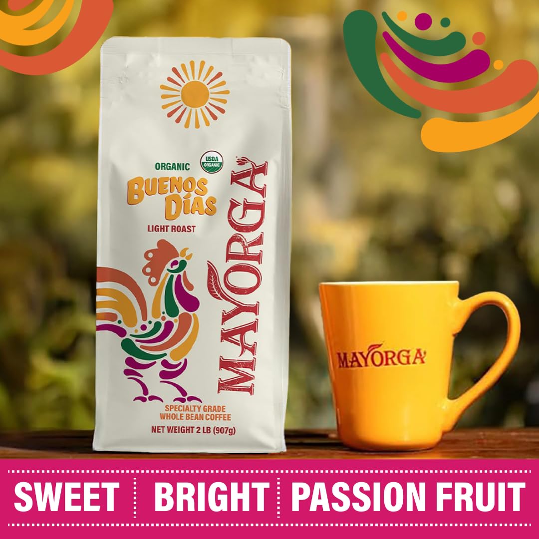Mayorga Organic Coffee 2Lb Buenos Dias - Light Roast Whole Bean Coffee Specialty Grade, 100% Arabica, Slow Roasted, Citrusy And