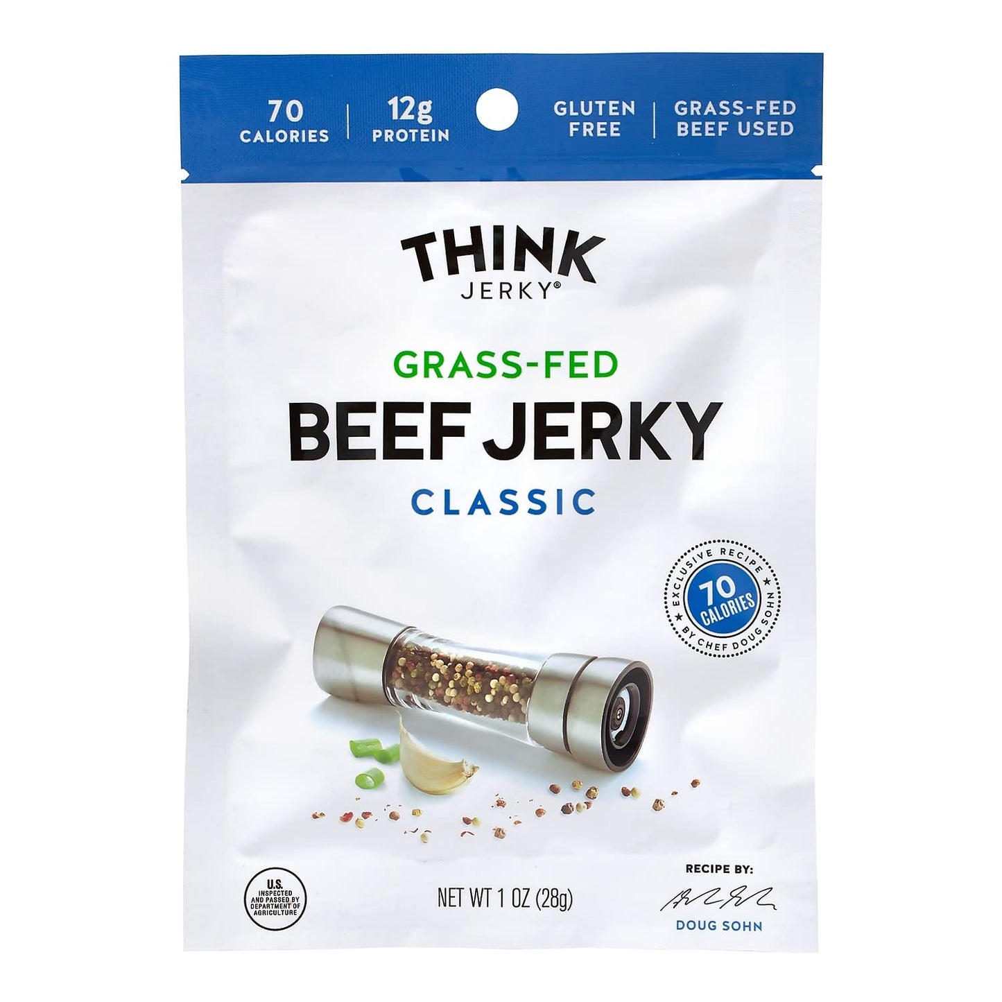 Think Jerky Classic Beef Jerky, Grass-Fed, Gluten Free, Low Calorie, High Protein - 1 oz Bags, 12 Pack