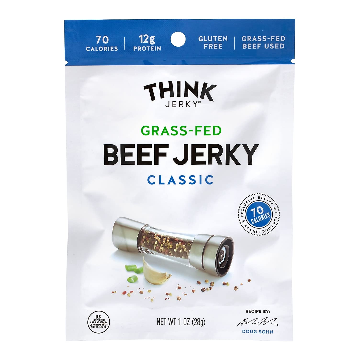 Think Jerky Classic Beef Jerky, Grass-Fed, Gluten Free, Low Calorie, High Protein - 1 oz Bags, 12 Pack