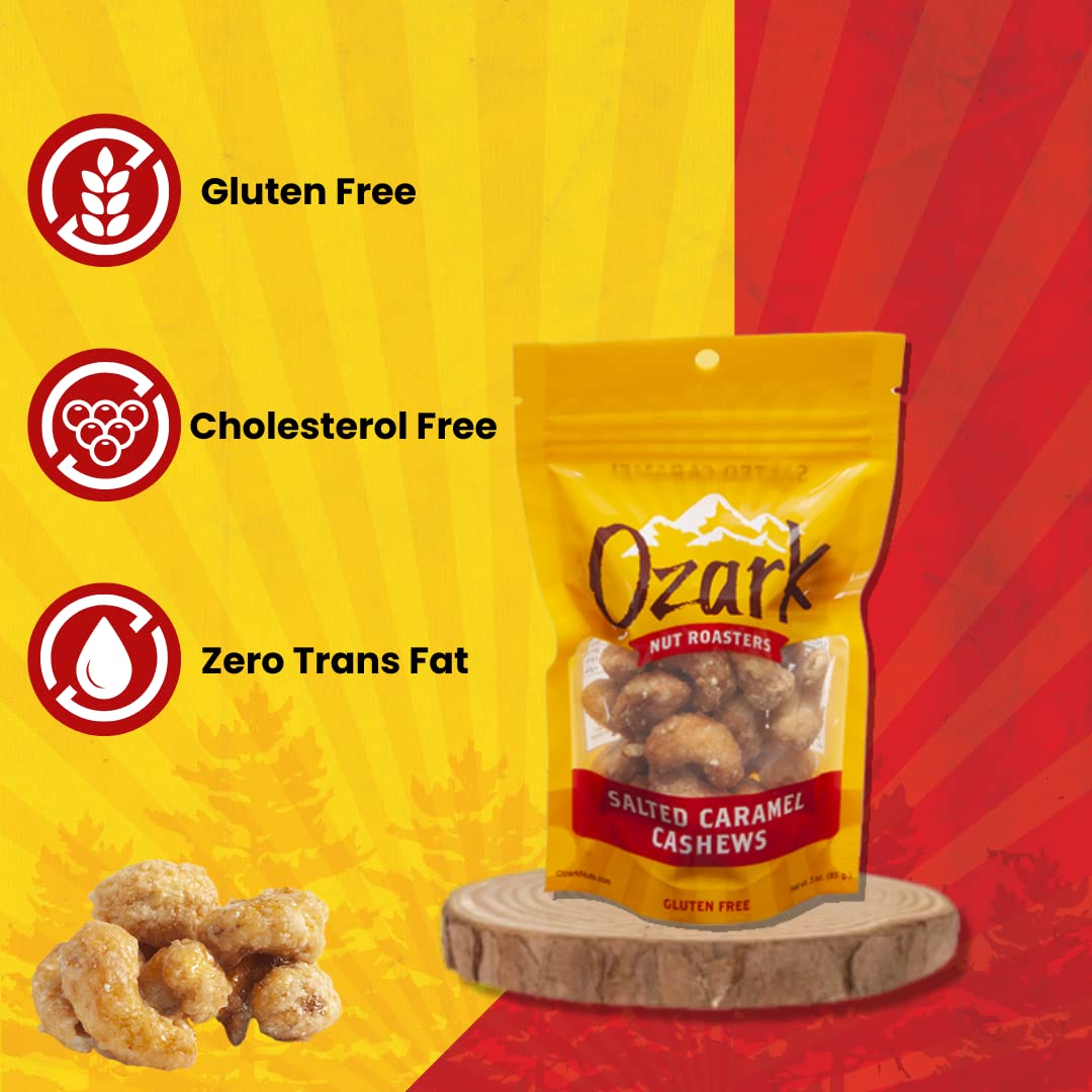 Ozark Nut Roasters Salted Caramel Cashews Flavored Snack Nuts 3 Ounces Resealable Pack