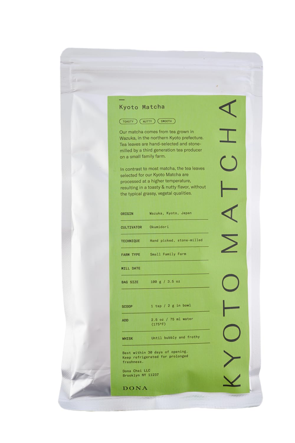 DONA Ceremonial Grade Matcha, Stone-Milled from Wazuka, 100g Sealed Bag
