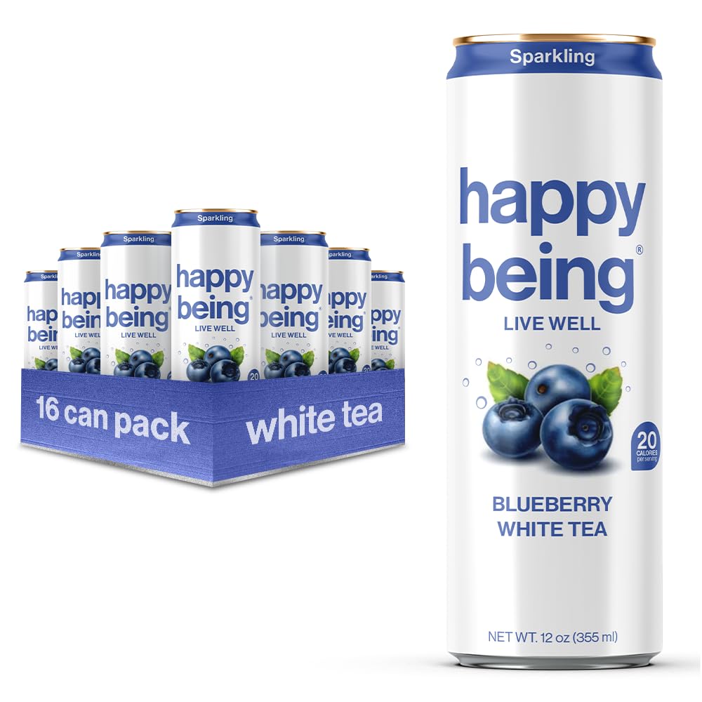 Happy Being Blueberry White Tea - Sparkling, Low Calorie, Caffeine Free, 12oz, 16 Pack