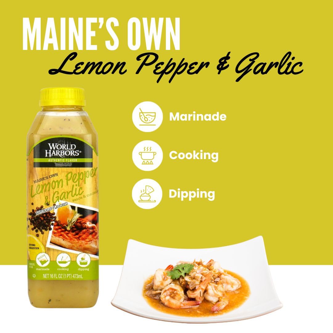 World Harbors Lemon Pepper Garlic Sauce & Marinade, 16 oz (Pack of 2), Ideal for Chicken, Seafood, Grilled Meats, and Salads