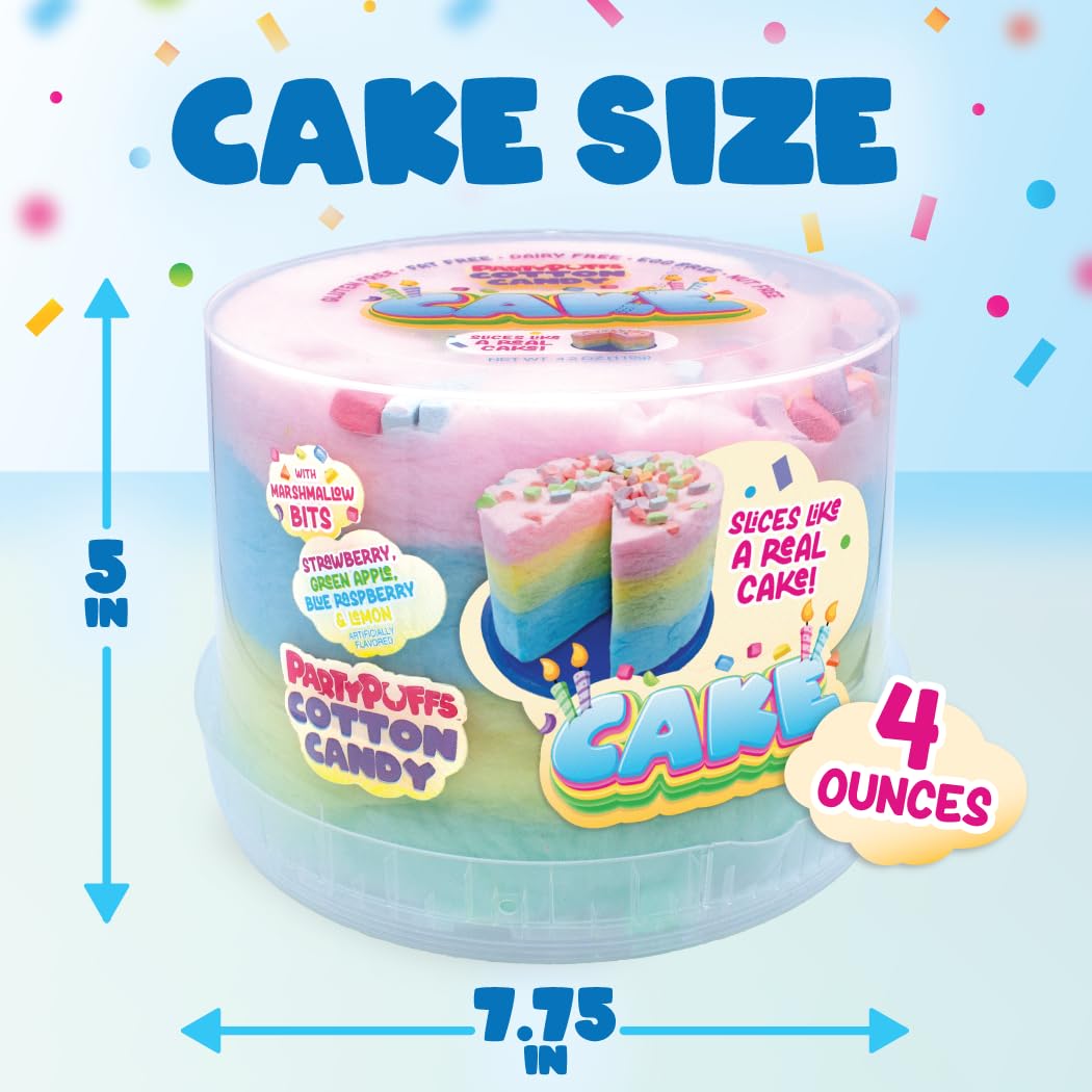 PartyPuffs Cotton Candy Cake - 4 Servings - Sliceable Celebration Cake With Strawberry  Blue Raspberry  Lemon & Green Apple Flavors - Fun Party Dessert With Crunchy Marshmallow Bits - Gluten-Free Treat & Made in USA - 4oz