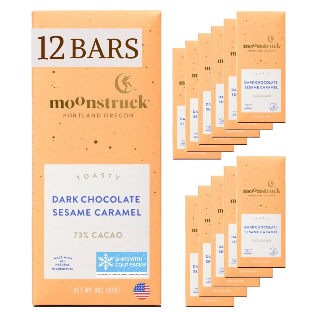 Moonstruck Chocolate Sesame Caramel Dark Chocolate Bar, 73% Cacao, 3.0oz (Pack of 12)