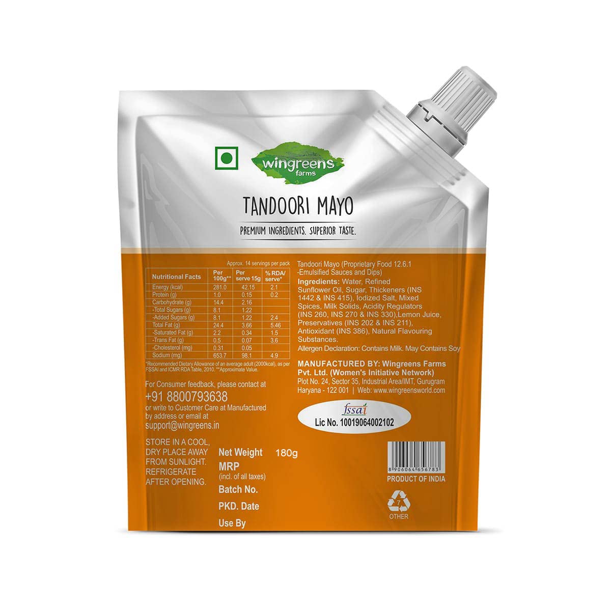 Wingreens Farms Tandoori Mayo, 180Gm
