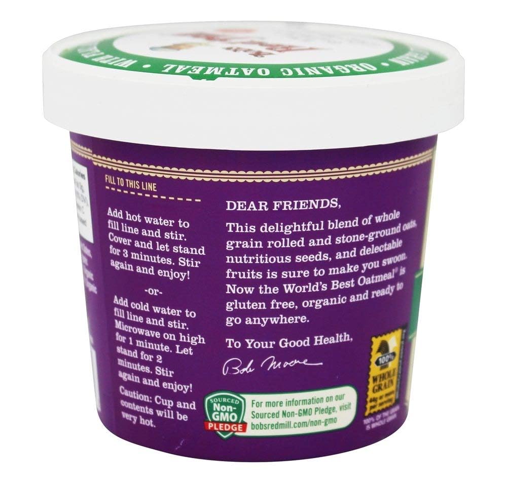 Bob'S Red Mill, Oatmeal, Og2, Cup, Frt&Sd, Gf, Pack Of 12, Size 2.47 Oz - No Artificial Ingredients Gluten Free 95%+ Organic