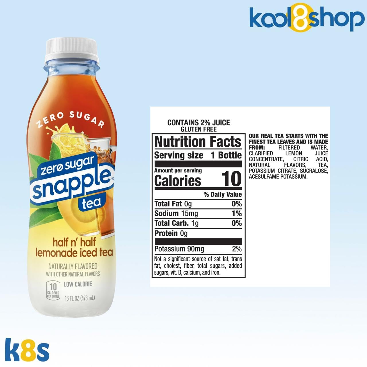 Snapple Zero Sugar Half And Half Lemonade All Natural Iced Tea 16 Fl Oz Plastic Bottles 16 Pack + 15 Sugarcane Disposable Straws