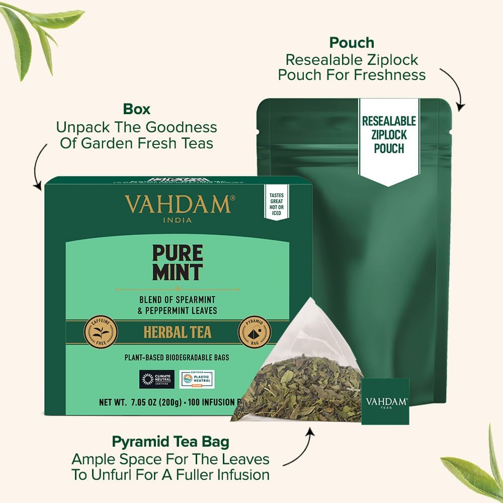 VAHDAM Organic Mint Herbal Tea, 100% Natural, Caffeine Free, 100 Tea Bags, Detox Tea, Peppermint + Spearmint, 0.44 lbs, Pack of