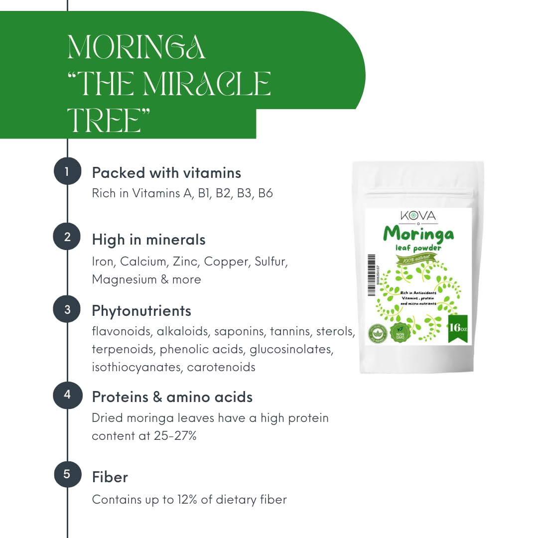 Kovafood Moringa Leaf Powder Non Gmo, Organic, 100% Raw, Pure & Natural Leaves Only. No Stems - 1Lb