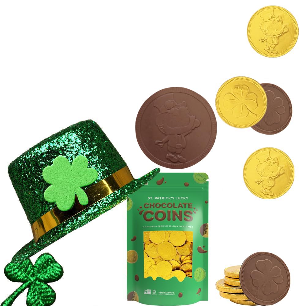 St. Patrick'S Day 50 Chocolate Coins Lucky Gold Coins Foils, Shamrock Clover Belgian Milk Chocolate Coins Bag Nut-Free (50-Pack)