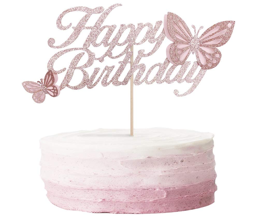 ALISSAR Rose gold Happy Birthday cake Topper with 3d Handmade Butterfly, Butterfly cake Toppers for girls Womens Birthday cake P