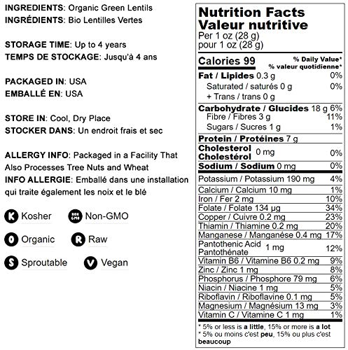 Food To Live Organic Whole Green Lentils, 20 Pounds - Non-Gmo, Dried Raw Beans, Sproutable, Vegan, Kosher, High In Folate, Dieta