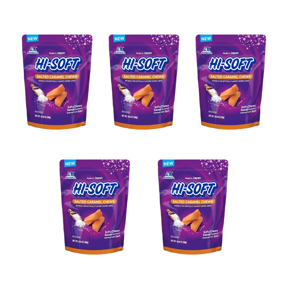 HI-SOFT Salted Caramel Chews, 5 Stand Up Pouches, 10.59 oz - Soft, Taffy Salted Caramel Chewy Candy for Sharing Treats - Bulk Ca