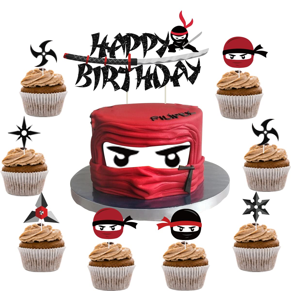 Fangleland Ninja Cake Toppers Set - 25 Pieces Birthday Decor for Boys, 3x0.4 inches, Red, Model F-PA-4132N