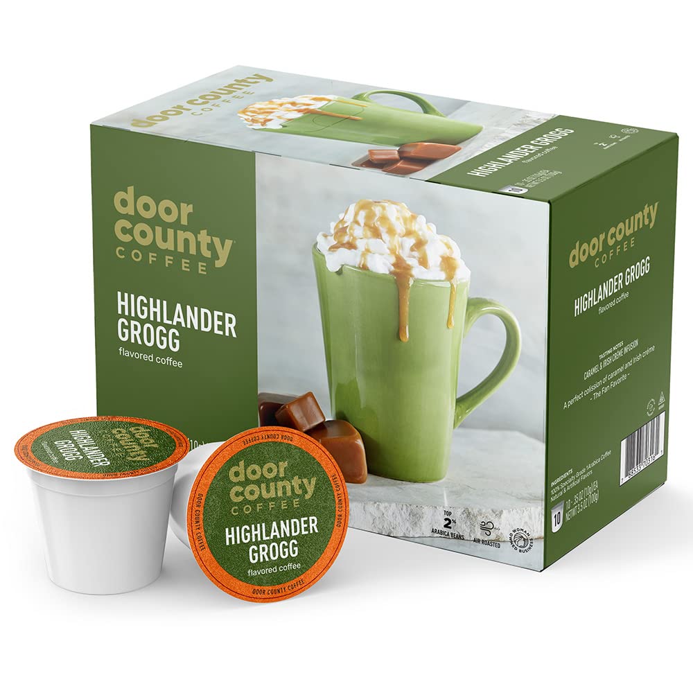 Door County Coffee - Highlander Grogg, Irish Creme And Caramel Flavored Ground Coffee - Medium Roast, Single Serve Cups - 10 Count