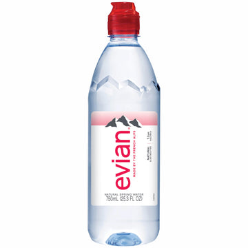 evian Natural Spring Water, 750 ml Water Bottle with Sports Cap, 12 Pack