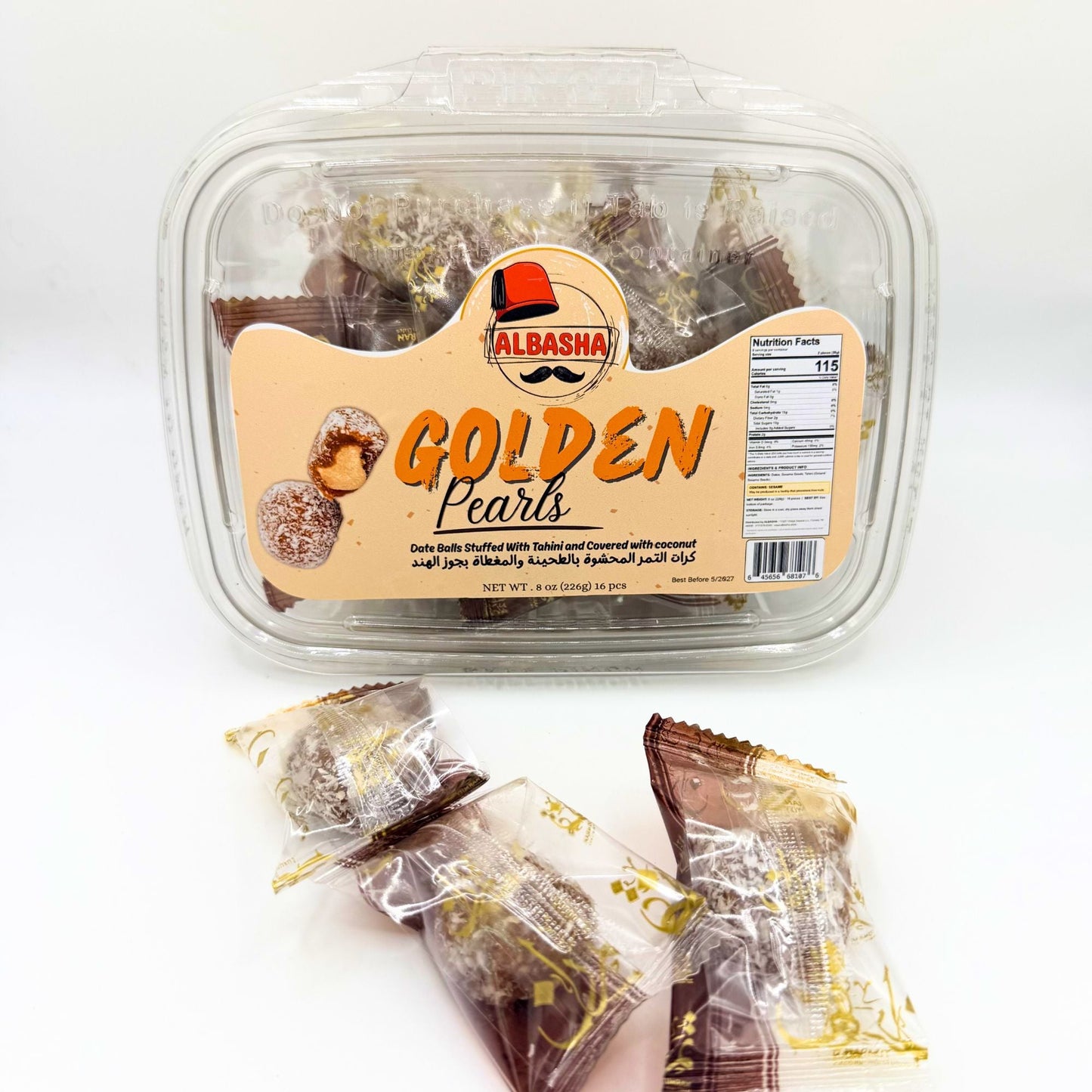 Golden Pearls Date Balls - Healthy Dessert Treats Stuffed With Tahini & Rolled In Coconut