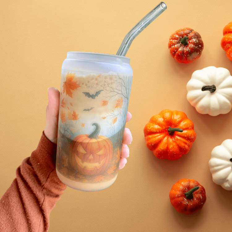 Halloween Frosted Pumpkin Iced Coffee Cup – Fall Glass Tumbler Gift