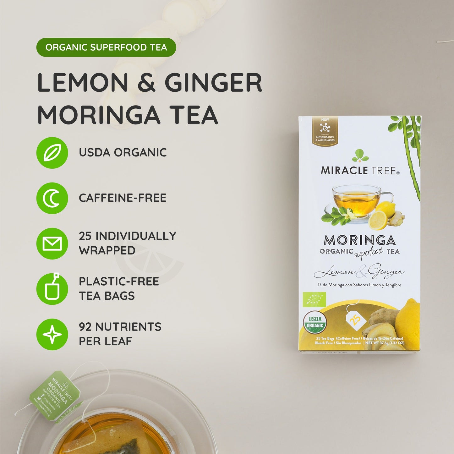 Organic Moringa Tea - Lemon & Ginger - Caffeine-Free Herbal Tea