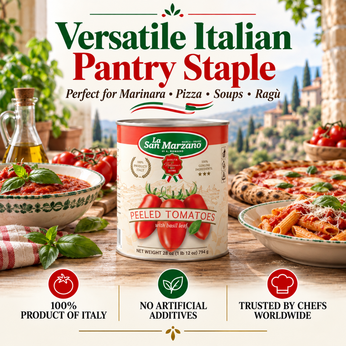 La San Marzano, Italian Whole Peeled Tomatoes in Puree with Basil 6 x can 28oz