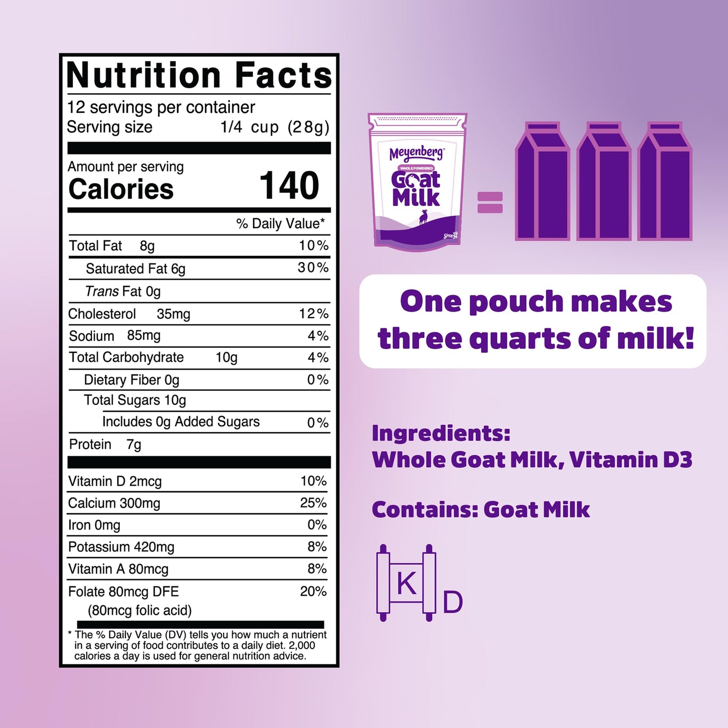 Meyenberg Whole Powdered Goat Milk, 12oz pouch, Kosher, Gluten Free, Vitamin D, 6pk