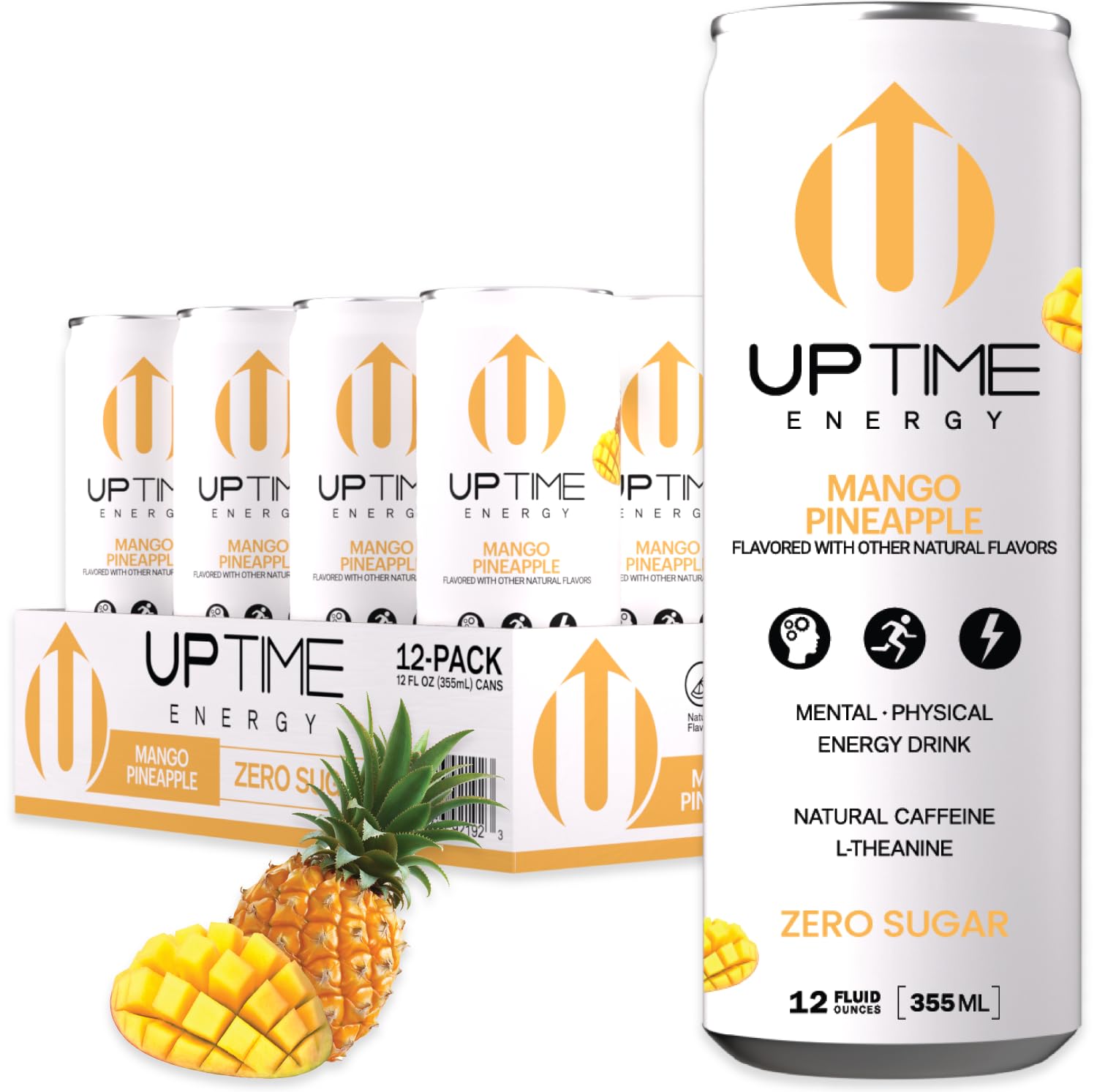 UPTIME Energy Drink, Mango Pineapple, Sugar Free, 12 Pack, 142mg Caffeine, 12 Fl Oz Cans