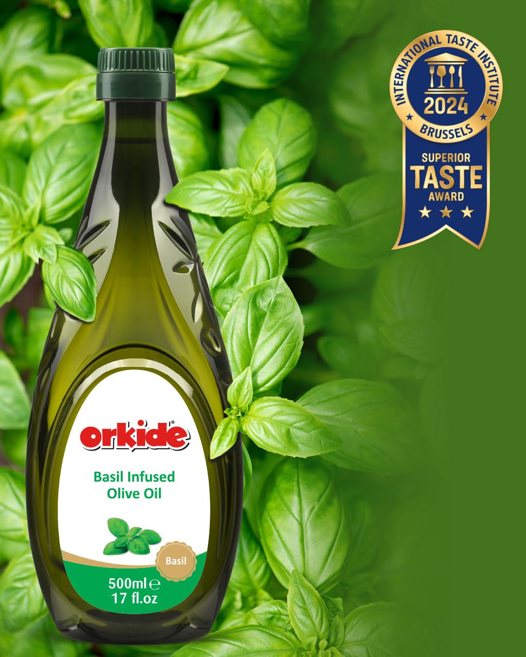 Orkide Basil Infused Olive Oil, Robust Mediterranean Blend, FFA 0.3, Polyphenol+400, 17 fl oz