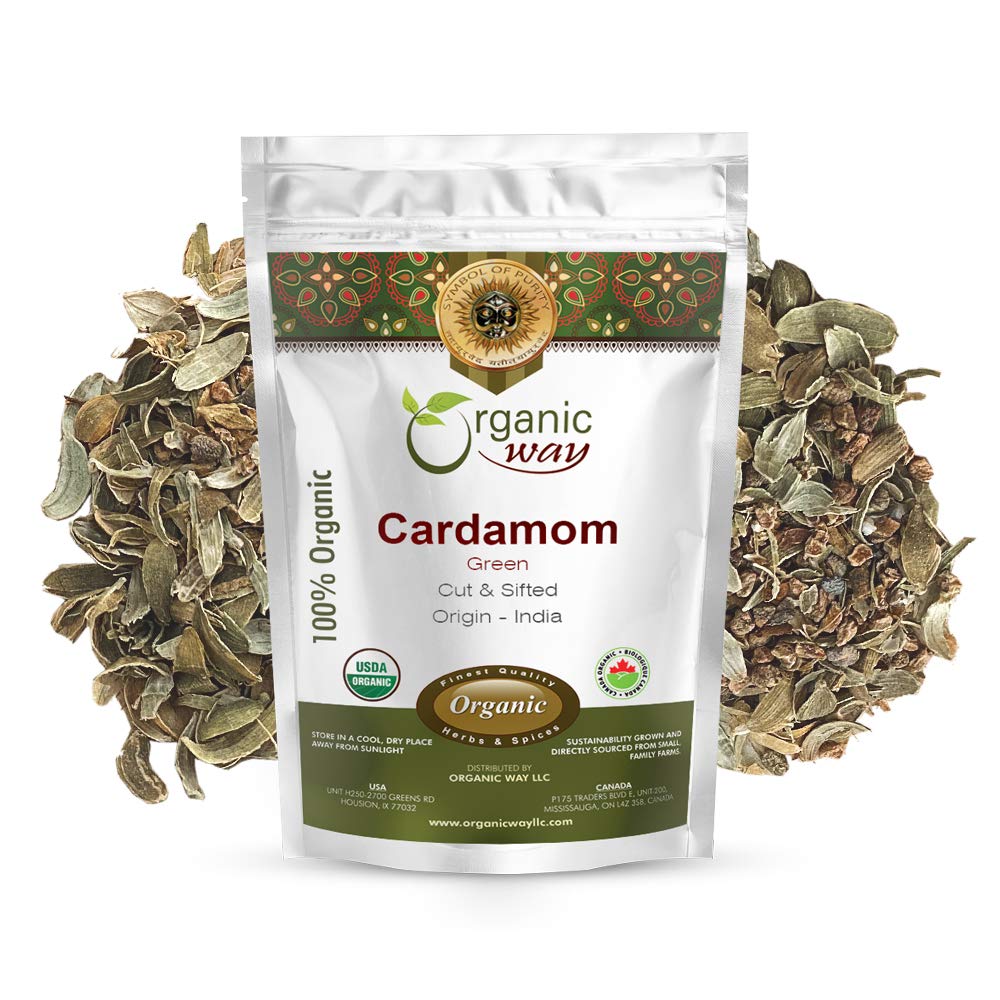 Organic Way Green Cardamom Cut & Sifted, Hari Elaichi (Elettaria cardamomum) - Adds Flavour | Organic & Kosher Certified | Non G