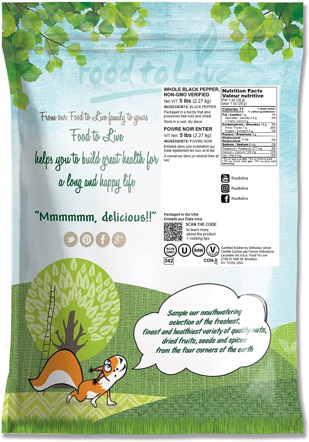 Food To Live Whole Black Pepper, 5 Pounds - Dried Peppercorns, Kosher, Vegan, Bulk Spice. Strong Pungent Flavor. Rich In Mineral