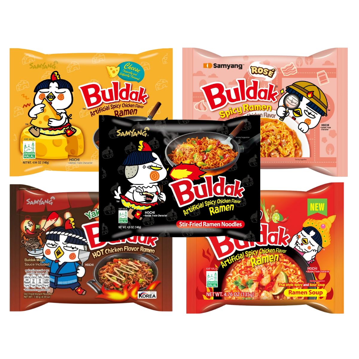 Korean Spicy Chicken Flavor Ramen - Original, Rose, Cheese, Yakisoba and Tomyang 5 Variety Flavor (Pack of 5)