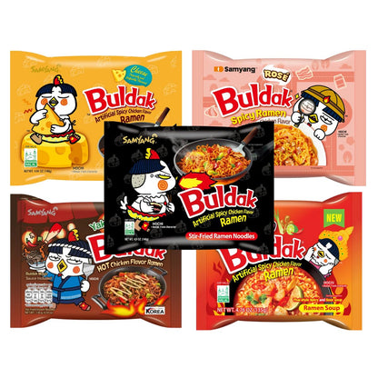 Korean Spicy Chicken Flavor Ramen - Original, Rose, Cheese, Yakisoba and Tomyang 5 Variety Flavor (Pack of 5)