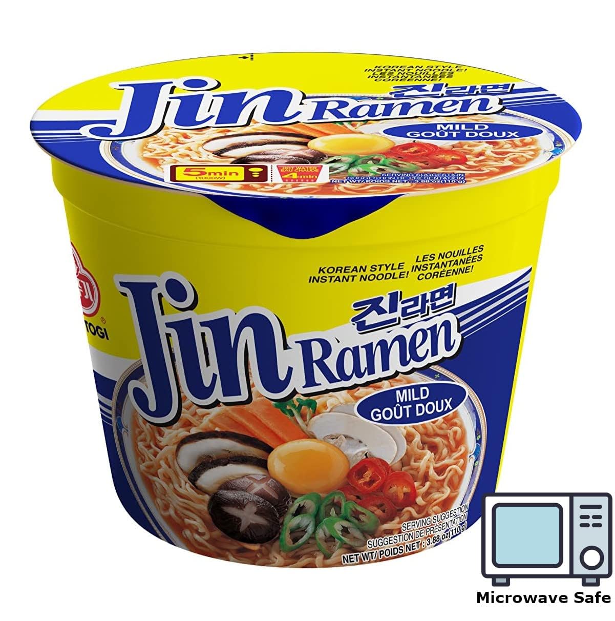 Ottogi JIN RAMEN MILD Instant Noodle Cup, Rich Flavor, 6 Bowls, 110g Each, Microwave Safe