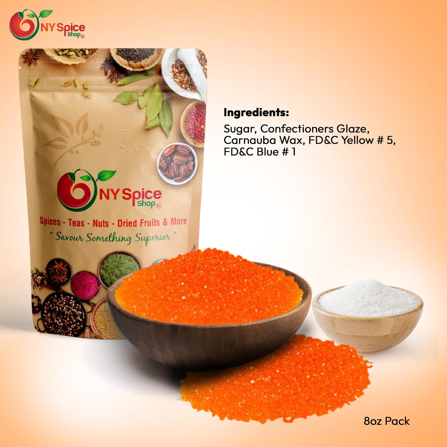Ny Spice Shop Orange Sanding Sugar For Memorial Day - 8 Ounce Sweet Colorful Edible Sprinkles For Candy Dish - Chocolate Sprinkl