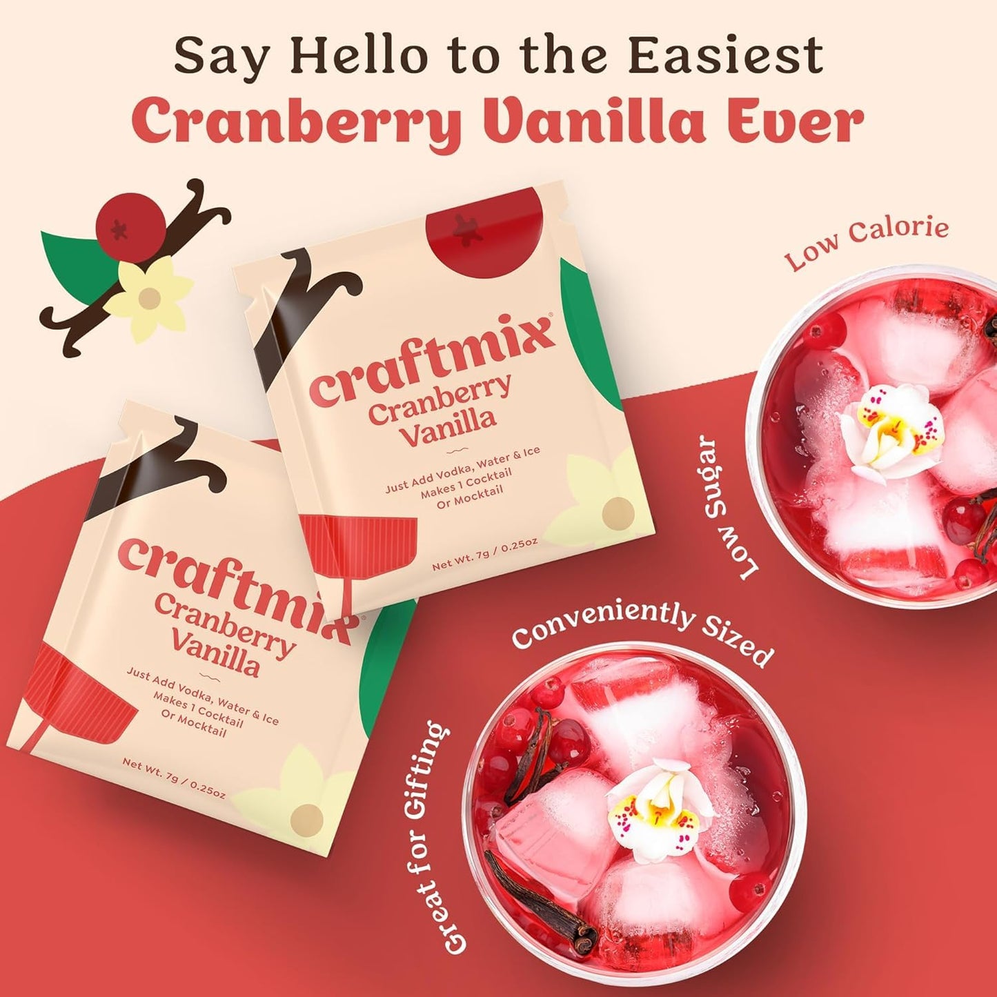 Craftmix Cranberry Vanilla Cocktail & Mocktail Drink Mixer, Skinny Mixes - Water Flavoring Packets - Made With Real Fruit - Vegan, Low-Carb, Low-Sugar, Non-Gmo, Dairy Free, Gluten Free, 12 Pack