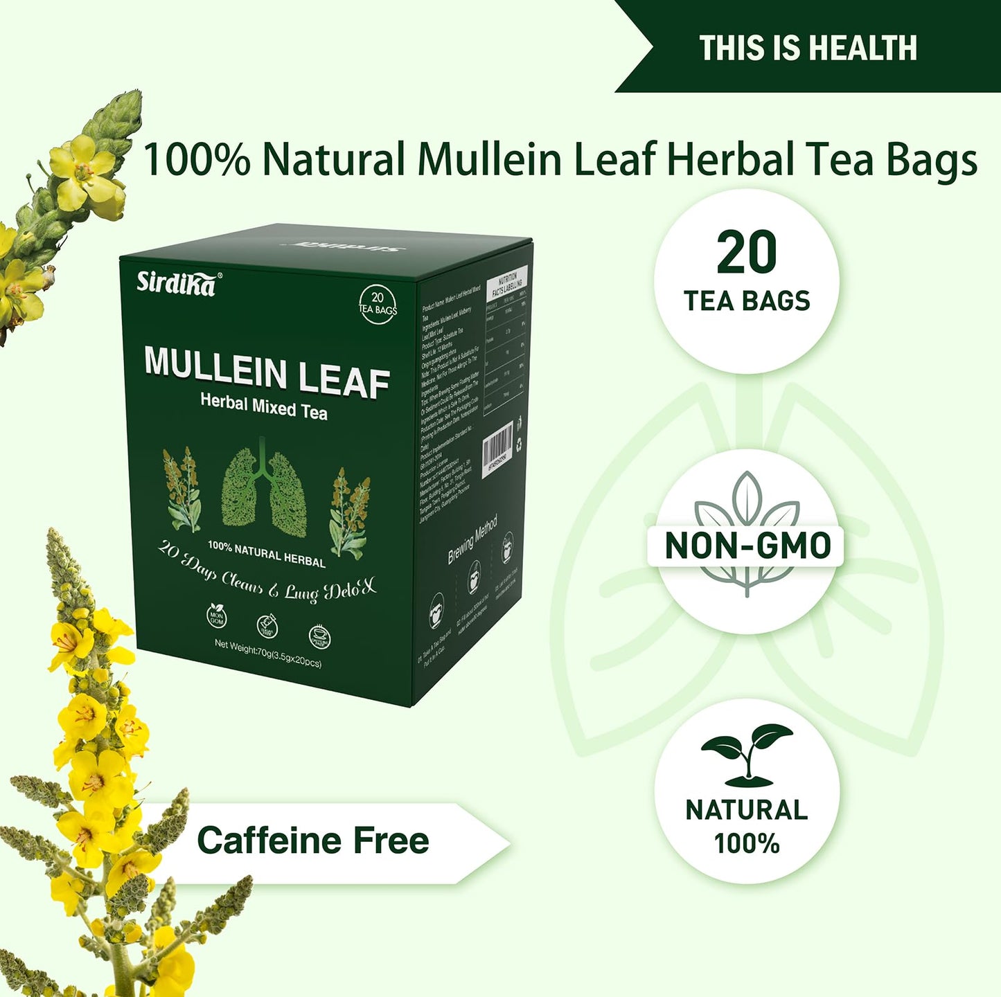 SIRDIKA Mullein Tea Bags - 20 Teabags, 100% Pure Natural Herbal Tea, Caffeine Free, 2 BOX