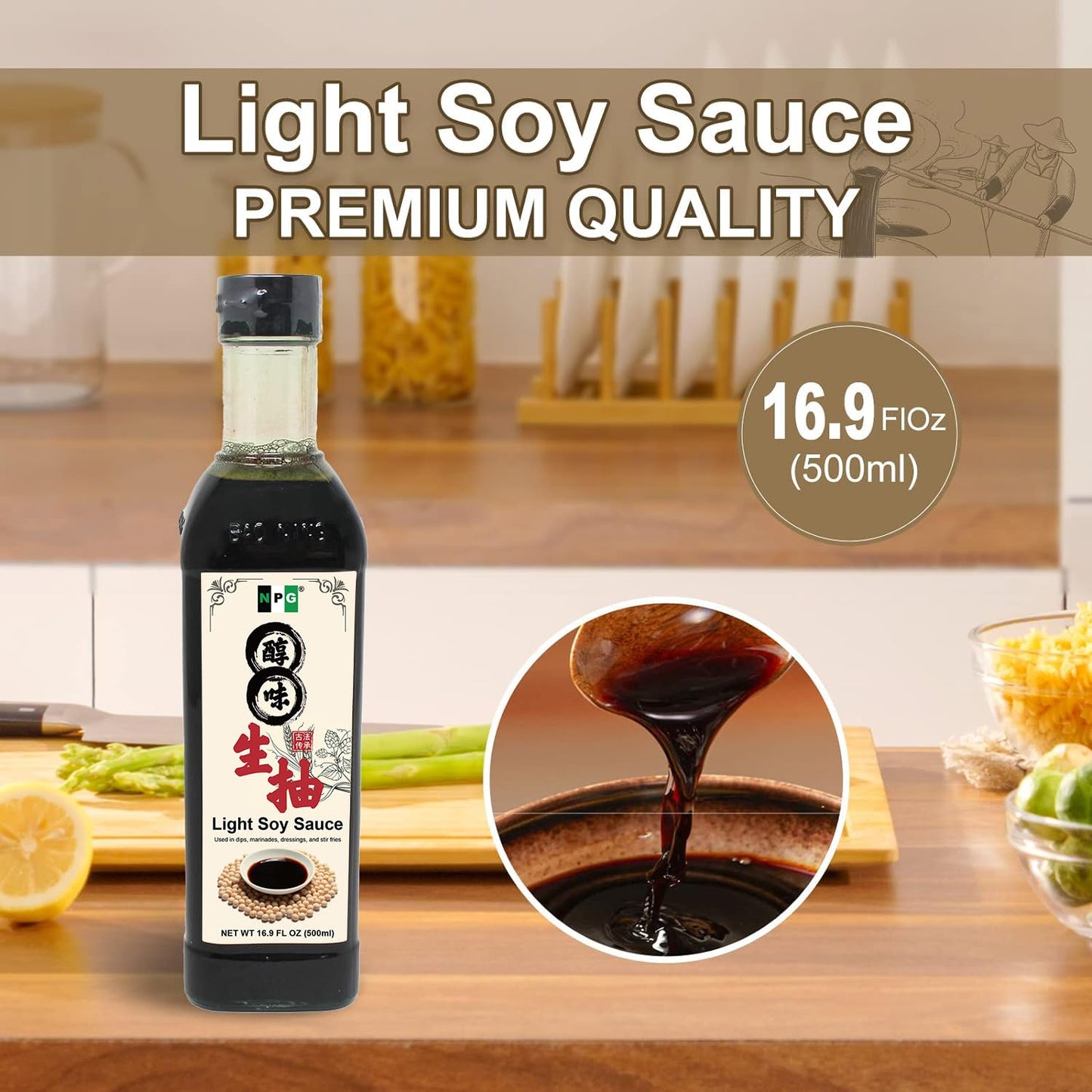NPG Premium Light Soy Sauce 16.9 Fl Oz, Tamari Lite Dipping Sauce for Sushi, Sashimi, Fish, Dumplings, Noodles, Meat Marinades