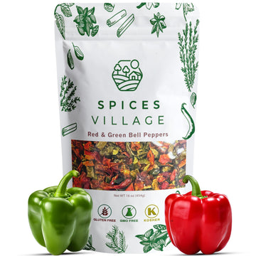 Spices Village Dehydrated Red And Green Bell Peppers Mix, Dried Bell Pepper Flakes, 16 Oz (1 Lb), Dried Ramen Toppings, Bulk Dri
