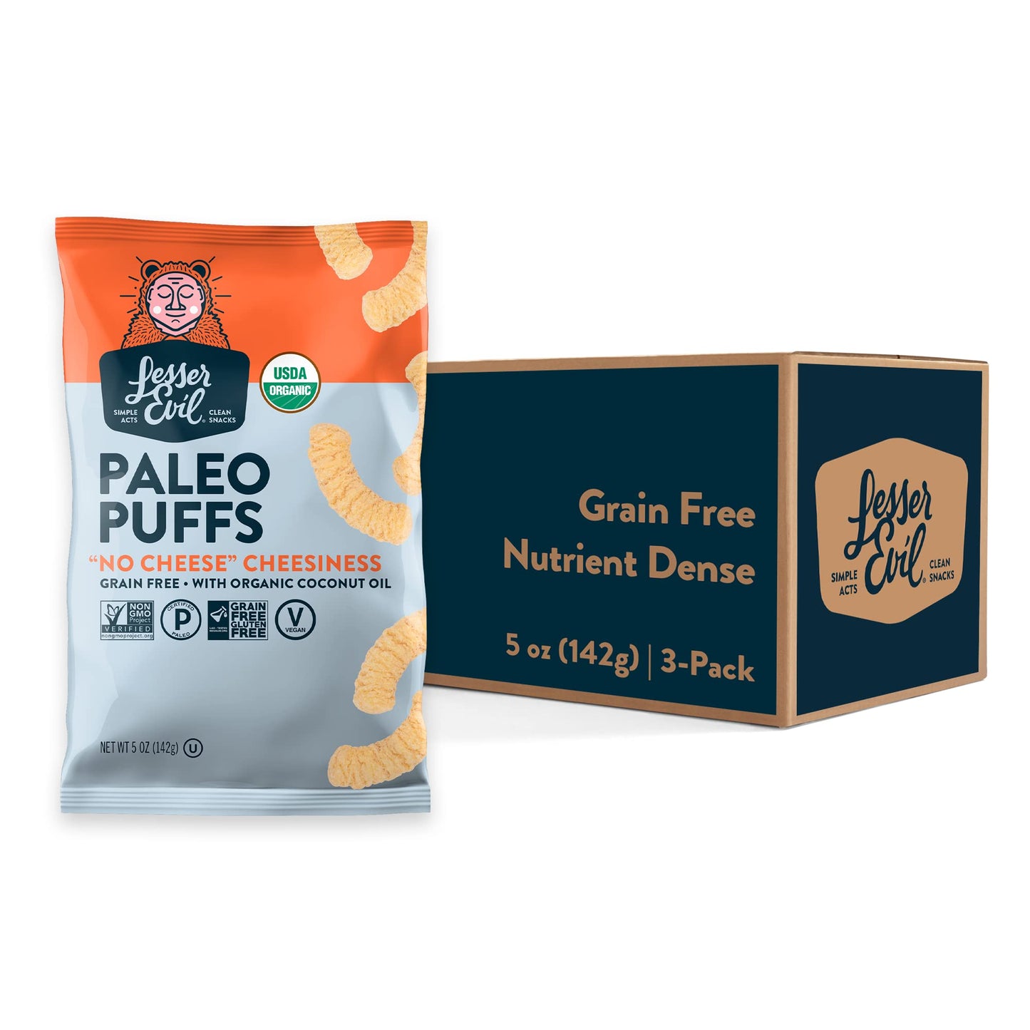 Lesserevil No Cheese Cheesiness Organic Paleo Puffs, Grain Free, Vegan, Minimally Processed, No Vegetable Oil, 5 Oz, Pack Of 3