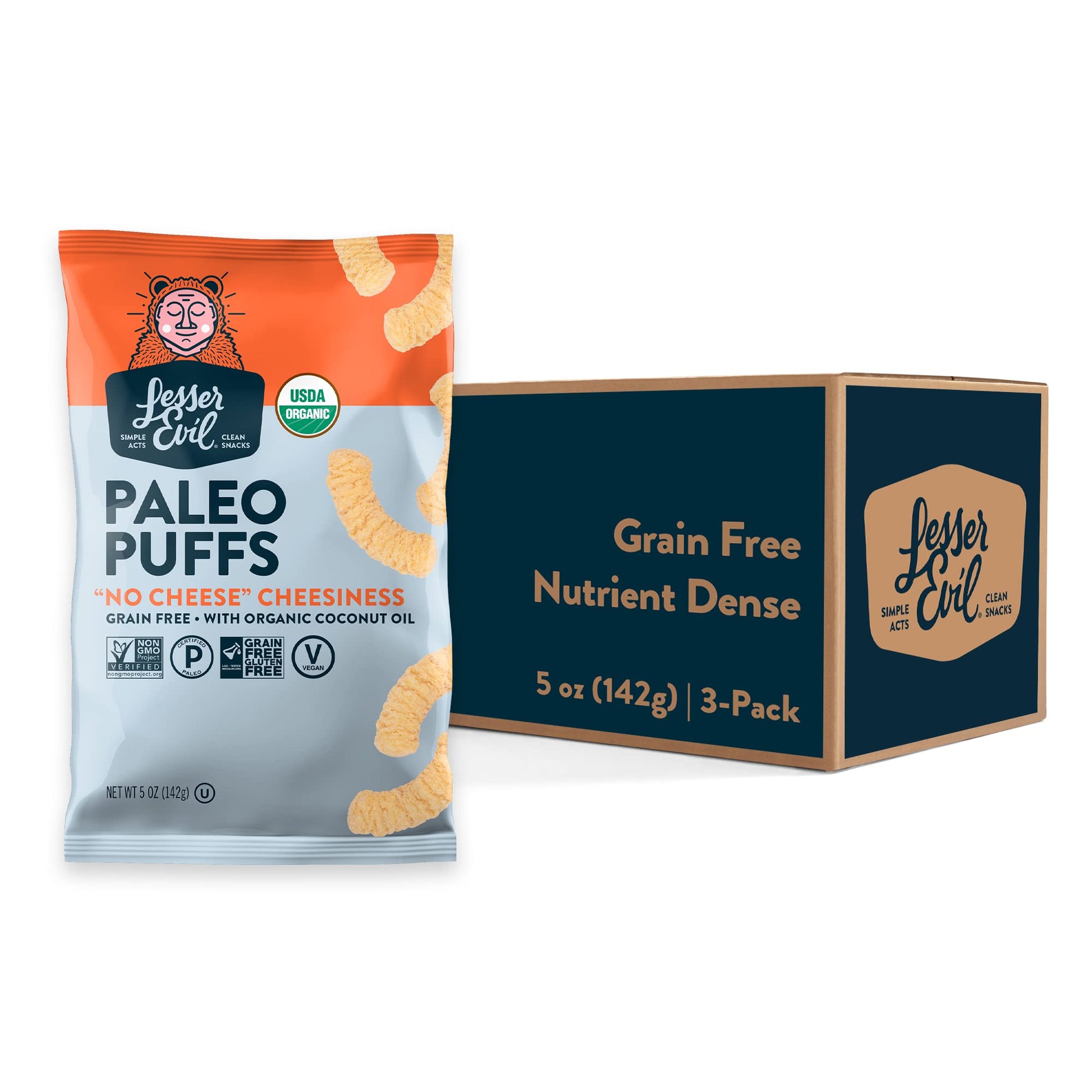 Lesserevil No Cheese Cheesiness Organic Paleo Puffs, Grain Free, Vegan, Minimally Processed, No Vegetable Oil, 5 Oz, Pack Of 3