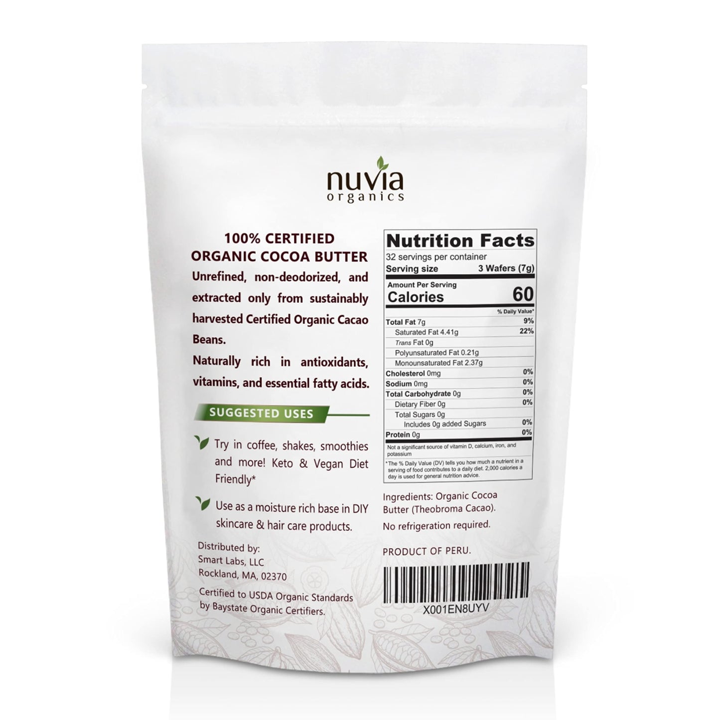 Nuvia Organics Cocoa Butter - 100% Organic, Non-GMO, Gluten-Free, 8oz Wafer Form