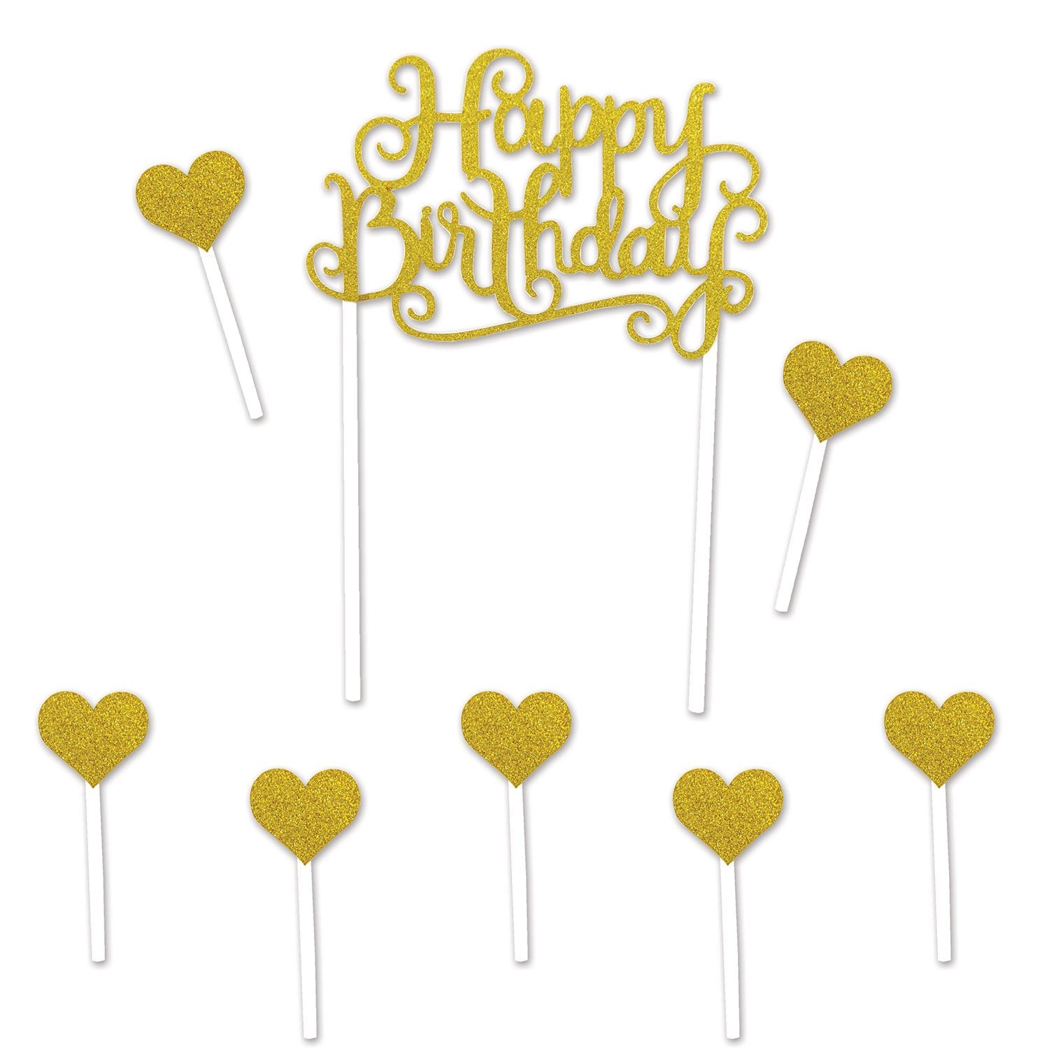 Beistle Happy Birthday Gold Cake Topper with Heart Picks