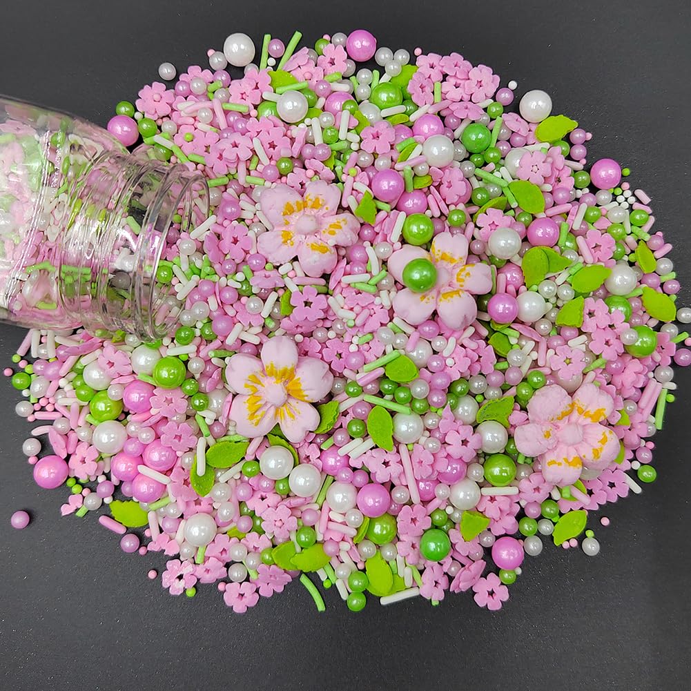 Homankit Edible Flowers for Cake Decorating Pink Flowers Sprinkles White Green Sugar Pearls Baking Cake Cupcake Toppers Cookie D