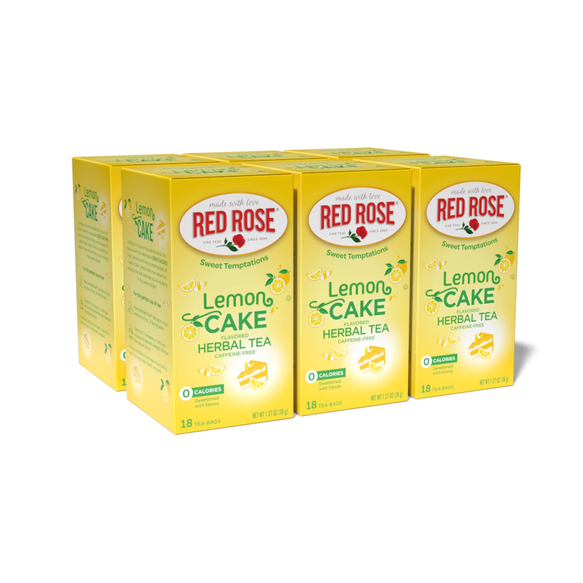 Red Rose Dessert Tea - Lemon Cake Flavor, Caffeine-Free, 18 Count Pack of 6, Zero Carbs, Zero Sugar, Naturally Flavored Herbal Tea