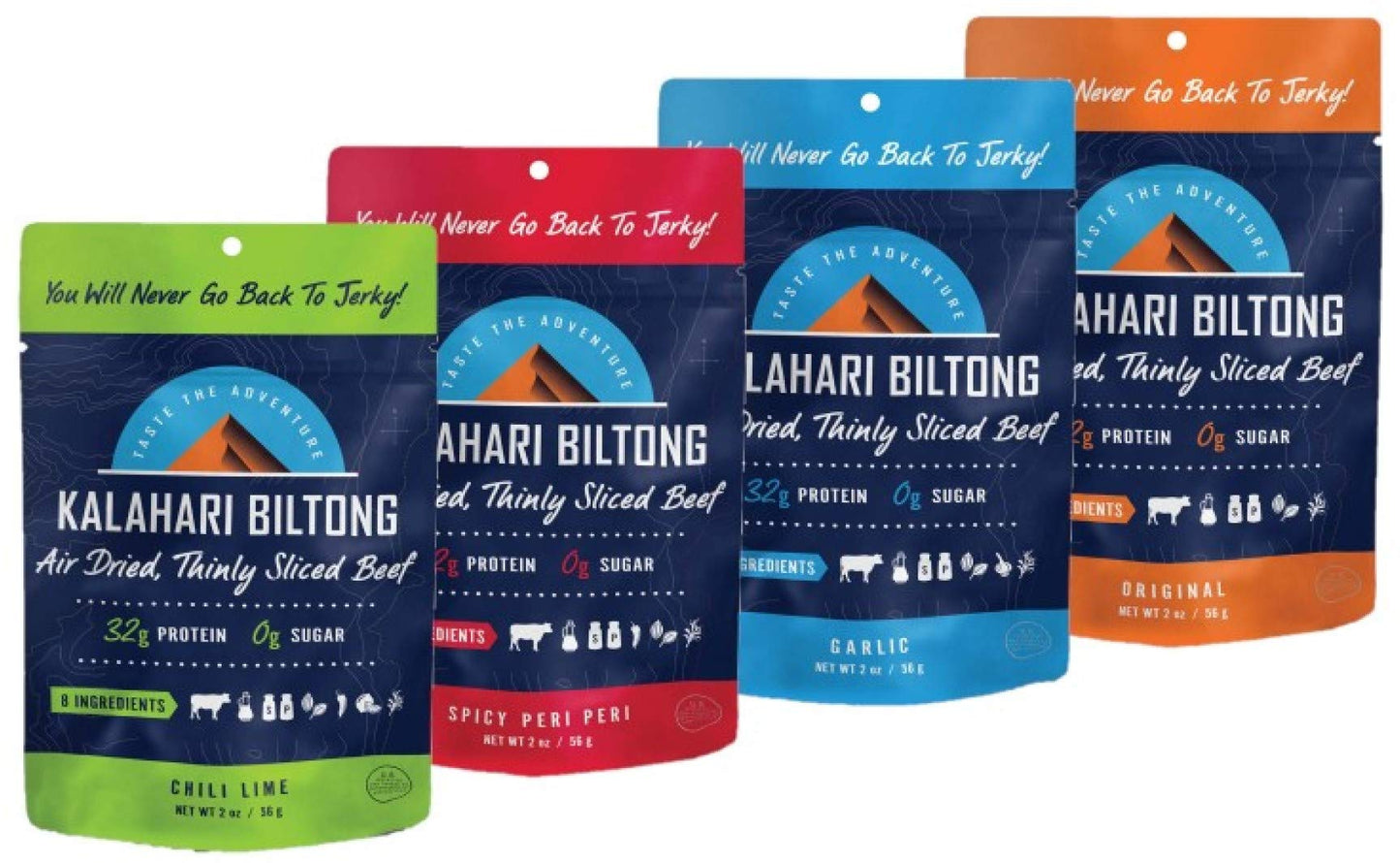 Variety Pack Kalahari Biltong, Air-Dried Thinly Sliced Beef, 2Oz (Pack Of 4), Sugar Free, Gluten Free, Keto & Paleo, High Protei