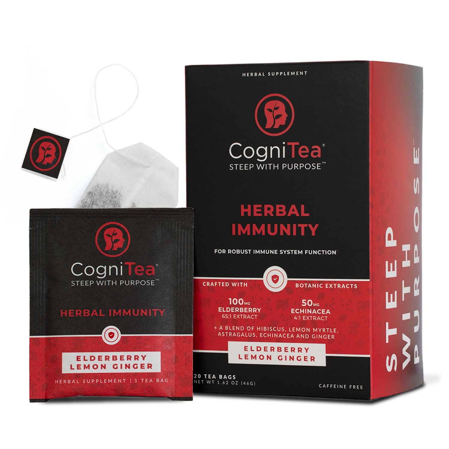 CogniTea Herbal Immunity Tea - Immune System Booster - 20 Count - Caffeine Free - Elderberry, Echinacea, Lemon & Ginger